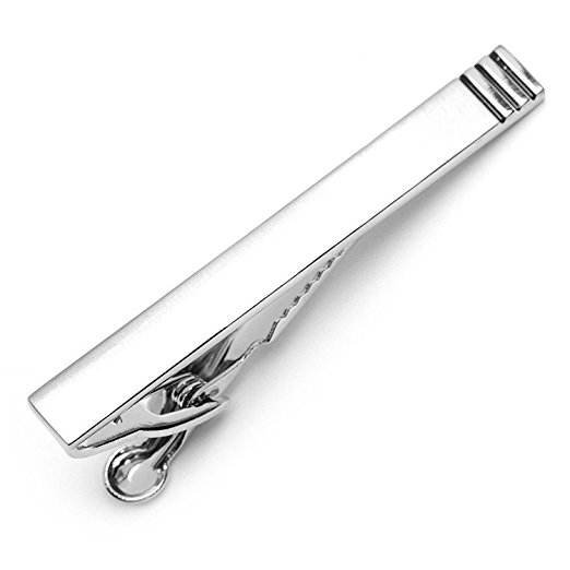 Tie Bar Clip Brushed Silver Tone, 3 Stripes, Premium Pinch Clasp by Puentes Denver
