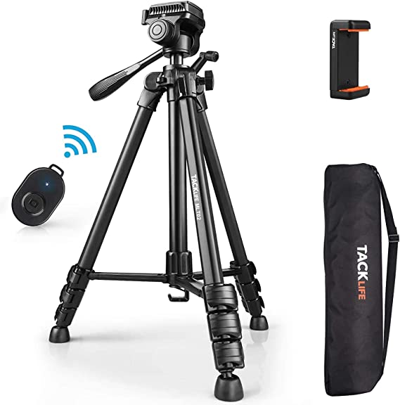 Tripod with Wireless Bluetooth Remote, 60-Inch Aluminum Camera/Phone/Travel Tripod, Max Load of 11 Lbs, 360 Degree Swivel, Universal Smartphone Mount, 1/4 Inch Screw Mount, Portable Bag - MLT02