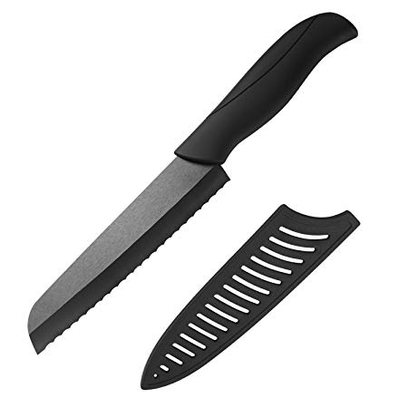 Serrated Ceramic 6" Bread Knife- Non-Slip Rubberized Handles with Sheath Cover - Sharp Blade, Eco Friendly …