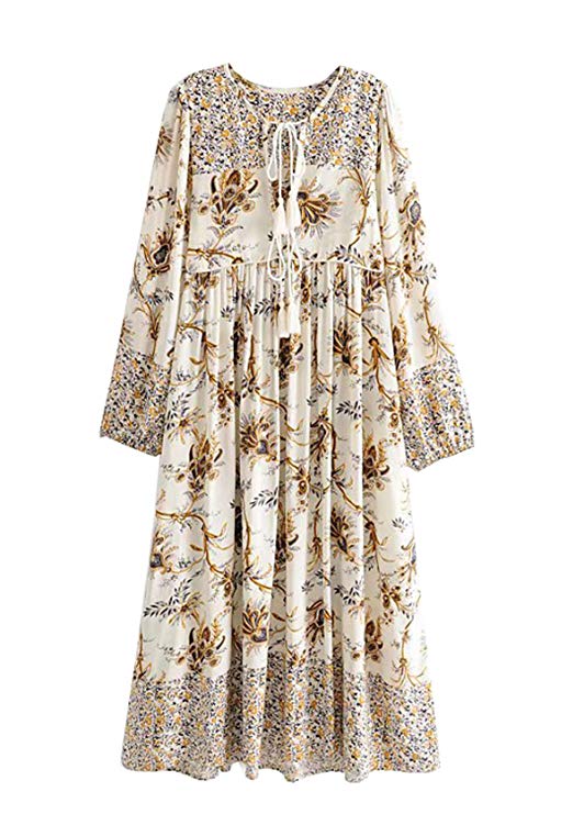 R.Vivimos Women's Long Sleeve Floral Print Retro V Neck Tassel Bohemian Midi Dresses