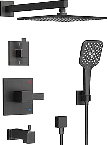 Gabrylly Shower System with Tub Spout, Bathtub Shower Faucet Set with 10-Inch Shower Head, Rain Shower Heads with Handheld Spray Combo Set, Wall Mounted Rainfall Shower Valve, Matte Black