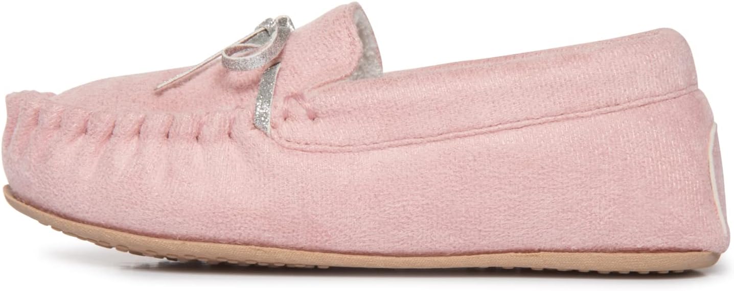 Lucky Brand Girls Plush Glitter Bow Moccasin Slippers, Rubber Sole Indoor Outdoor House Shoes, Kids Bedroom Slipper Moccasins