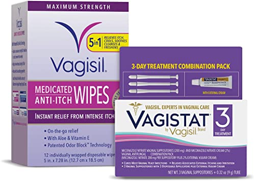 Vagistat 3 Day Yeast Infection Treatment for Women, Helps External Itching and Irritation - 2% External Miconazole Nitrate Cream with Vagisil Anti-Itch Medicated Feminine Intimate Wipes for Women
