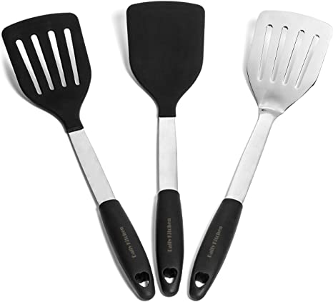 Daily Kitchen Spatula Set Heat Resistant Silicone and Stainless Steel - Turner Spatulas Rubber Grip - Flexible Silicone Spatulas for Cooking and Grilling - Pancake Turners, Egg Flippers - 3-Piece Set
