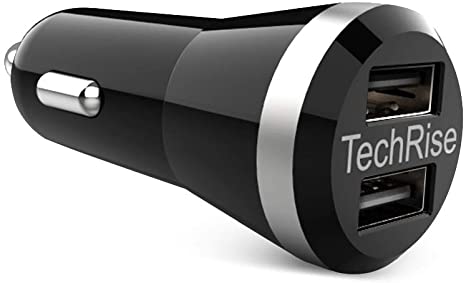 TechRise Car Charger, 2-port USB Car Cigarette Adapter Charger Mini 5V/2.4A/12W Charging Station with Blue LED Compatible for iPhone XR/Xs/Max/X/8/7, iPad Pro/Air 2/Mini, Samsung Galaxy, LG, Huawei