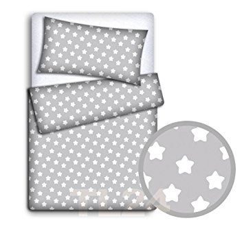 BABY BEDDING SET PILLOWCASE   DUVET COVER 2PC TO FIT BABY COT (Big white stars on grey background)