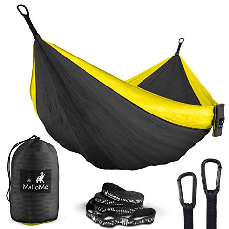 Double Portable Camping Hammock - Parachute Lightweight Nylon with Ropes or Hammok Tree Straps Set- 2 Person Equipment Kids Accessories Max 1000 lbs Breaking Capacity - Free 2 Carabiners