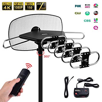 Mesqool Outdoor Amplified HD TV Antenna - 150 Mile Range Motorized 360 Degree Rotation with Wireless Remote Control for 2 TVs Support, UHF/VHF 4K 1080P Channels Reception, 40ft Coax Cable