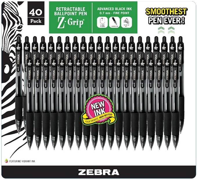 Zebra Pen Zebra Black Pens - 40 Pack - Zebra Z Grip Ballpoint Pen - .7 mm Fine Point - Retractable