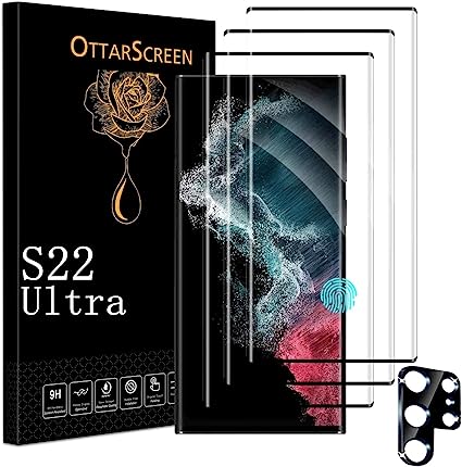 OttarScreen Galaxy S22 Ultra Screen Protector【3 1 Pack】 3 Pack Tempered Glass Screen Protector,1 Pack Tempered Glass Camera Lens Protector, Compatible Fingerprint, 3D Glass 9H Hardness Tempered Glass Screen Protector for Samsung Galaxy S22 Ultra 5g