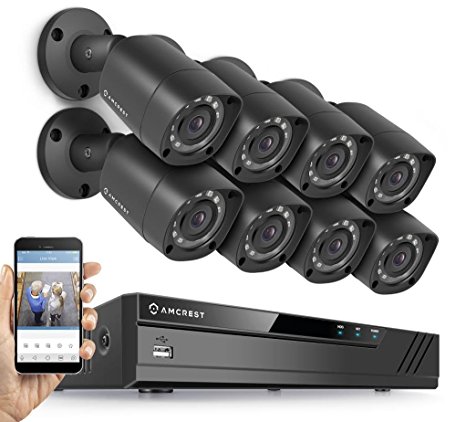 Amcrest HD 1080P-Lite / 720P 8CH Video Security System w/ Eight 1.0 Megapixel IP67 Outdoor Bullet Cameras, 65ft Night Vision, 1TB HDD, (AMDV7218-8B-B