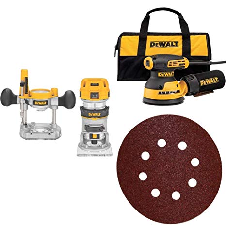 DEWALT DWP611PK 1.25 HP Max Torque Variable Speed Compact Router Combo Kit with LED's with Random Orbit Sander, 5" and 5-Inch 8 Hole 80 Grit Hook and LoopRandom Orbit Sandpaper (25-Pack)