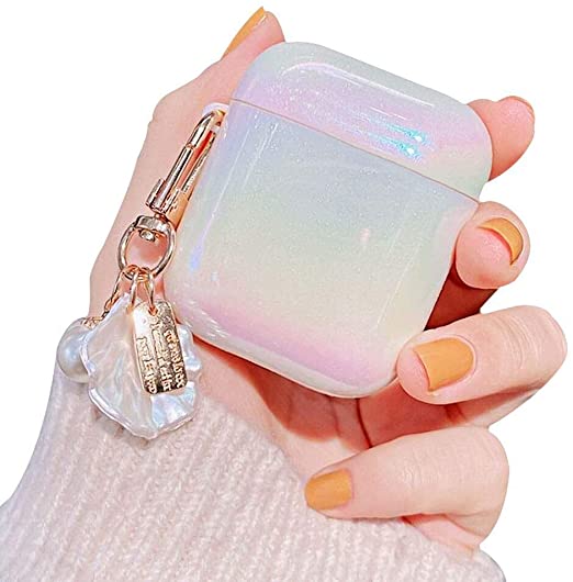 Ownest Compatible with AirPods Case with Shell Keychain Water Drop Rainbow Glitter Cute Girls Boys Woman Case Hard PC Cover Case for Airpods 2 &1,Cute for Airpods-White