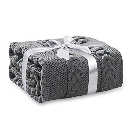 Zebrum Knit Throw Blanket, 63" x 49"Classic Soft Cable Knit Blanket for Bed/Sofa/Couch,Cable Knit Cozy Blanket,Gift Choice(Grey Big Cable Knitted 63" x 49")