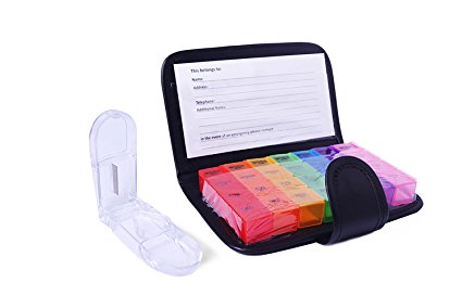 XINHOME Pill Organizer Box with Snap Lids - 7 Day Weekly Medicine Organizer for Travel - AM/PM Detachable Boxes - Includes Pill Cutter & Black Leather PU Carrying Case