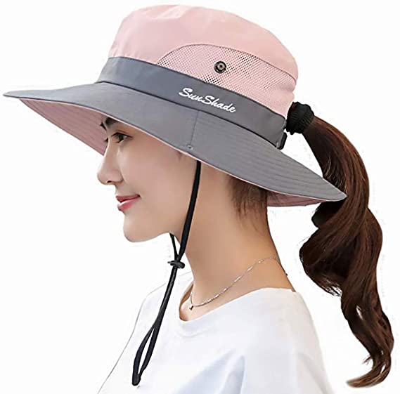 BEIRA Women Sun Hat Wide Brim Bucket Mesh Boonie Cap Outdoor Fishing Hats UV Protection Sun hat with Ponytail Hole