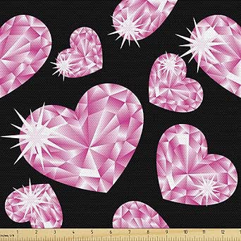 Ambesonne Diamonds Fabric by The Yard, Romantic Pink Heart Stones on Black Background Valentines Day Theme, Decorative Fabric for Upholstery and Home Accents, 2 Yards, Pink Black