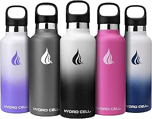 HYDRO CELL Stainless Steel Water Bottle with Straw & 2 Standard Mouth Lids (32oz 24oz 20oz 16oz) Keeps Liquids Hot or Cold w/Double Wall Vacuum Insulated Leak Proof Sport Design (Black/White 20oz)