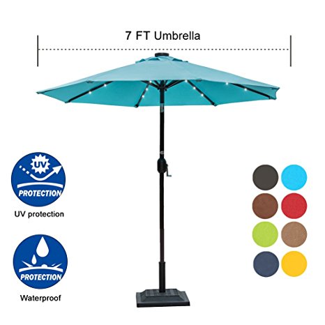 Sundale Outdoor 7 ft Solar Powered 24 LED Lighted Patio Umbrella Table Market Umbrella with Crank and Push Button Tilt for Garden, Deck, Backyard, Pool, 8 Steel Ribs, Polyester Canopy (Blue)