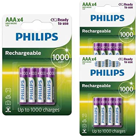 12 x PHILIPS RECHARGEABLE 1000mAh AAA HR03 1.2V BATTERIES