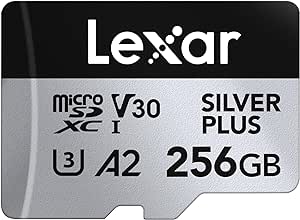 Lexar Silver Plus 256GB Micro SD Card up to 205 MB/s, MicroSDXC UHS-I Flash Memory Card with Adapter, C10, U3, A2, V30, Full HD, 4K UHD, High Speed TF Card for Drone, Action Camera, Handheld Consoles