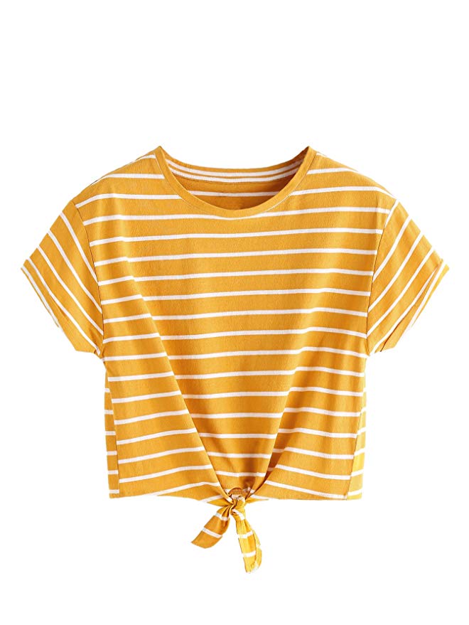 Romwe Women's Knot Front Cuffed Sleeve Striped Crop Top Tee T-Shirt