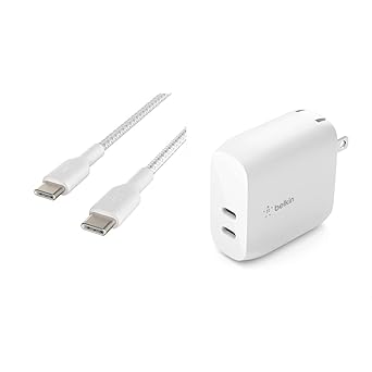 Belkin Boost Charge Braided USB-C to USB-C Cable, White (1M/3.3FT), CAB004bt1MWH, Laptop & 40W Dual Port USB C Wall Charger - USB Type C Charger Fast Charging for iPhone 14, 14 Pro