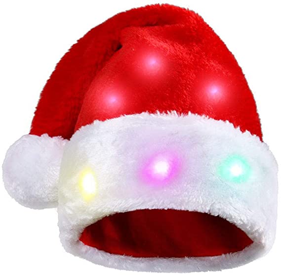 Funny Chrismas Xmas Santa Plush Hat with 20 Blinking Color-Changing Light up LED Lights for Unisex Adults and Kids (2pcs LED Hat)