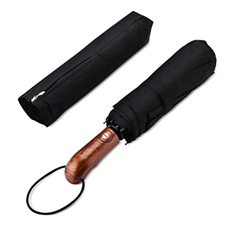 TopElek Compact Umbrella, Windproof Double Canopy Vented Umbrella – Teflon Coating, Non-Slip Distinctive Wood Grain Handle, Auto Open & Close Folding Umbrella, 9 Ribs, Fast-Drying & Waterproof, Black