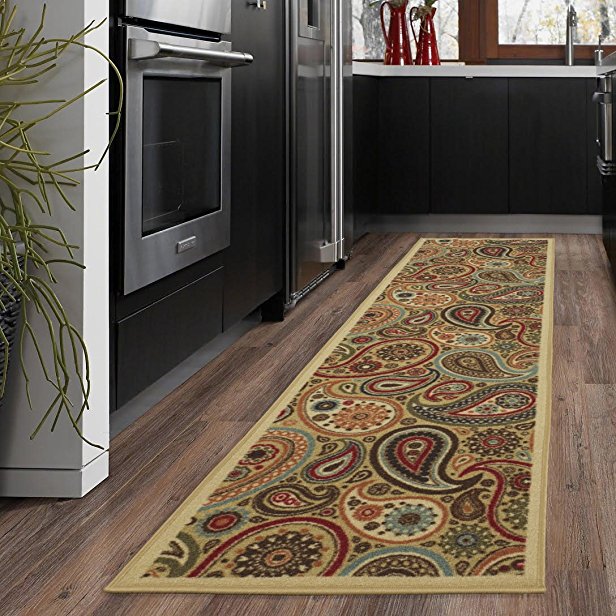 Ottohome Collection Beige Contemporary Paisley Design Modern Runner Rug With Non-Skid (Non-Slip) Rubber Backing (20"X59") Kitchen and Bathroom Runner Rug