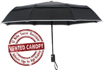 Arcadia Outdoors Vented Double Canopy Wind Resistant Travel Umbrella with Reflective Edge - Auto OpenClose - Lifetime Guarantee