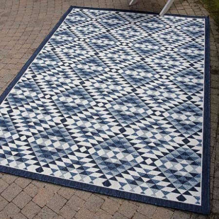 Navy Blue Diamond Trellis Outdoor Garden Rug Soft Plastic Flatweave Indoor Weatherproof Water Resistant Lawn Pergola Decking Washable Mat Carpet Rugs 120cm x 170cm