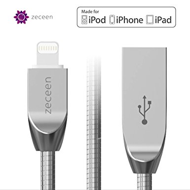 ZECEEN Metal USB Lightning Cable – Fast Charging & Data Transfer Cable (3.3 ft) – Almost Unbreakable – Bending & Weather Resistant – Compatible with 7/6s/6/5s/5/SE, iPad Pro/Air/Mini, iPod