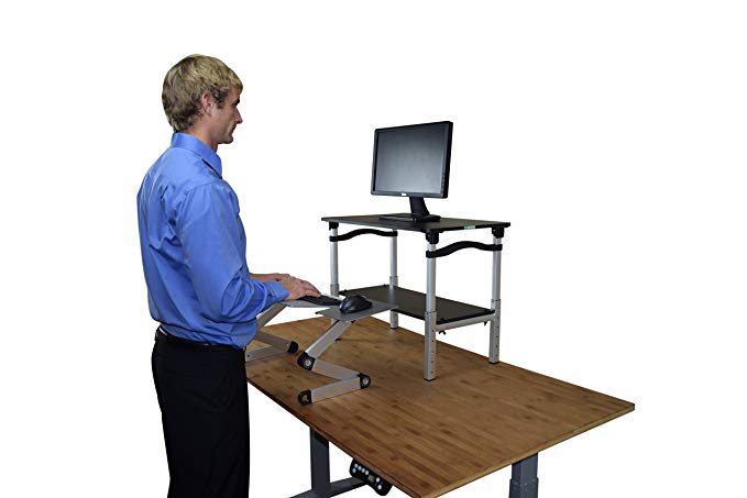 LIFT Standing Desk Converter. Tall adjustable height portable affordable sit to stand up desktop riser conversion stand with negative tilt keyboard tray, Black Desk and Silver Keyboard Tray