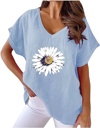 Womens Oversized T-Shirt Batwing Short Sleeve Cotton Linen Shirts Causal V-Neck Loose Summer Tops Floral Beachwear