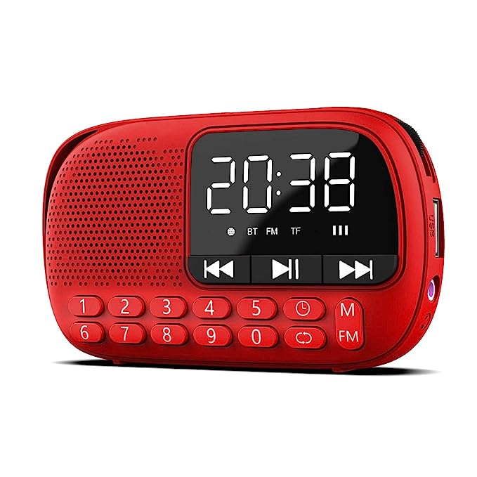 Pagaria WALKIE Portable Alarm Clock FM Radio, with Bluetooth, Earphone, Voice Recording, USB/TF Playback (Red)