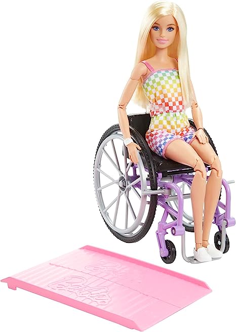 Barbie Fashionistas Doll #194 with Wheelchair and Ramp, Straight Blonde Hair and Rainbow Romper with Accessories