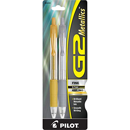 PILOT G2 Metallics Refillable & Retractable Rolling Ball Gel Pens, Fine Point, Gold/Silver Inks, 2-Pack (34400)