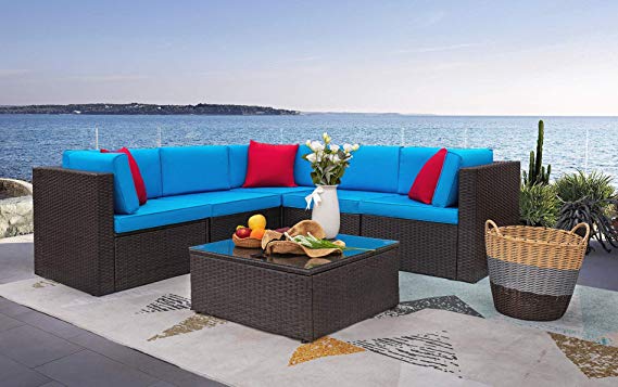 Homall 6 Pieces Patio Furniture Sets Outdoor Sectional Sofa All Weather PE Rattan Patio Conversation Set Manual Wicker Couch with Cushions and Glass Table (Blue)
