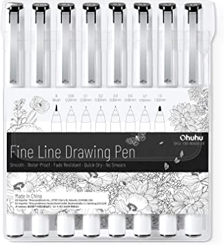 Fineliner Drawing Pen, Ohuhu Set of 8 Pack Ultra Fine Line Drawing Markers, 8 Assorted Tip Sizes, 7 Fine Tip Markers with a Brush Tip, Black Ink for Markers Painting, Mother's Day Card Writting