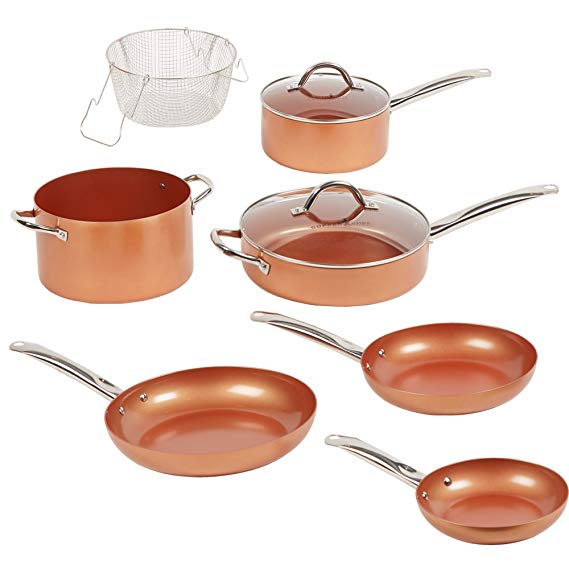 Copper Chef Elite 9 Piece Round Cookware Set -As Seen on TV! Heavy Duty Aluminum & Steel Pans With Ceramic Non Stick Coating. Includes Two Matching Lids, Frying Basket, Roasting & Steamer Tray.