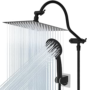 Hibbent All Metal Shower Head, 8'' High Pressure Rainfall Shower Head, Handheld Showerhead Combo with 12'' Adjustable Curved Extension Arm, 7-Spray, 71'' Hose, Adhesive Showerhead Holder, Matte Black