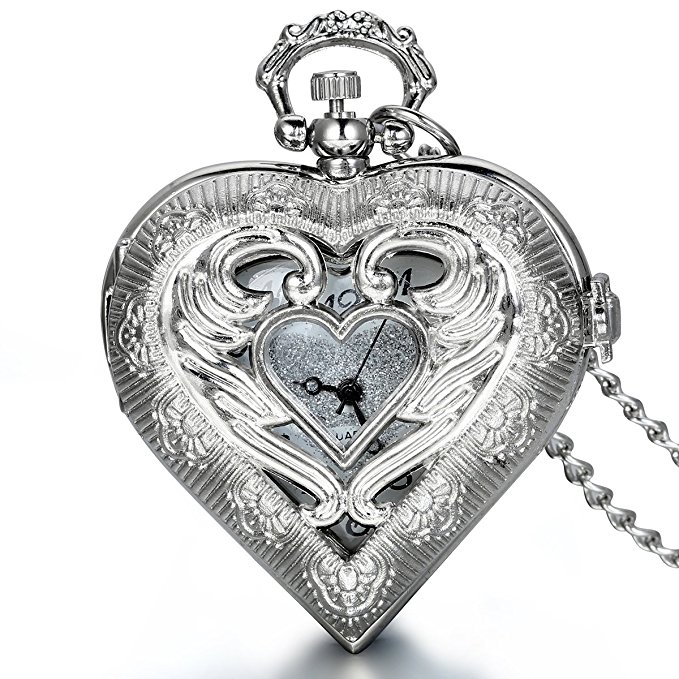 JewelryWe Newest Vintage Silver Tone Heart Locket Style Pendant Pocket Watch Necklace for Girls Lady Women, 30 Inch Chain (Mother's Day Gift)