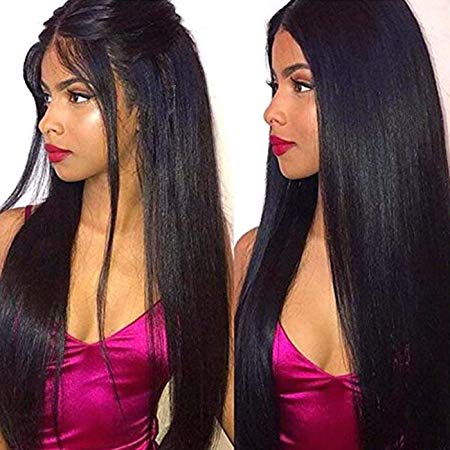 Persephone 6 Inch Deep Part 360 Lace Wig Yaki Straight Brazilian Remy Human Hair Wigs For Black Women Virgin Full 360 Lace Frontal Wig Pre Plucked with Baby Hair 150% Density Natural Color 14 Inches