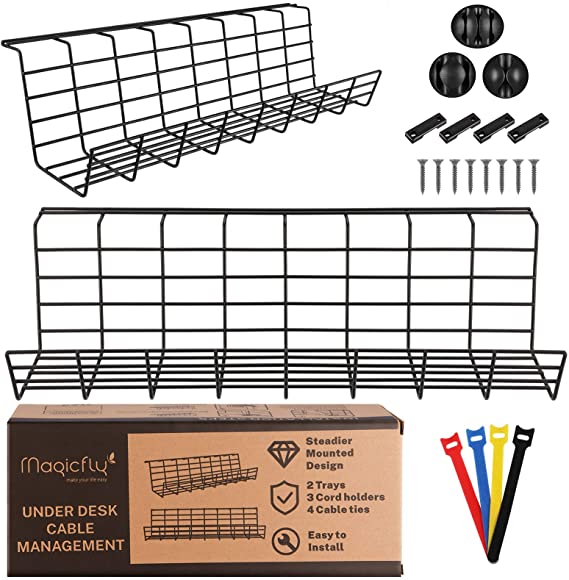 Magicfly 2 Packs 43cm Under Desk Cable Management Tray, Cable Organiser Tray with 3 Cord Holders and 4 Cable Ties, Metal Wire Cable Management Tray Organiser for Office & Home, Black