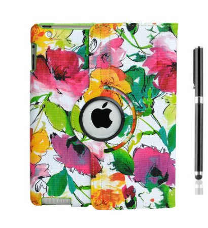 Case for iPad 2, iPad3, iPad4, With fabulous Flower Pattern, PU Leather Stand Case Smart Cove with Auto Sleep/Wake function   High End business Stylus Pen