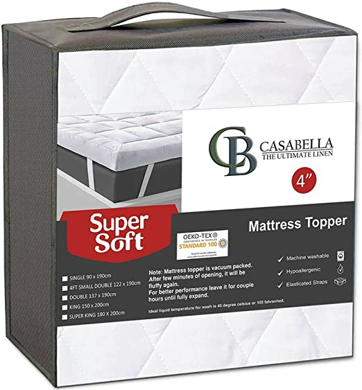 Casabella Double Mattress Topper 4 Inch (10 cm) thick Super Soft Breathable, Hypoallergenic Mattress Toppers are Box Stitched with Elasticized Corner Strap Double Mattress Topper 137x190 10cm