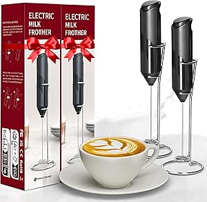 YSSOA Electric Milk Frother Handheld with Stainless Steel Stand Battery Operated Whisk Drink Mixer for Coffee, Frappe, Latte, Matcha, Hot Chocolate, Black 2 Pack