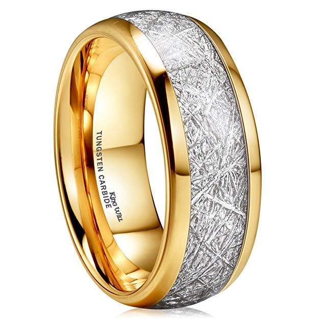 King Will CLASSIC 8mm 14K Gold Plated Domed Tungsten Carbide Ring Imitated Meteorite Wedding Band Comfort Fit Size5-15