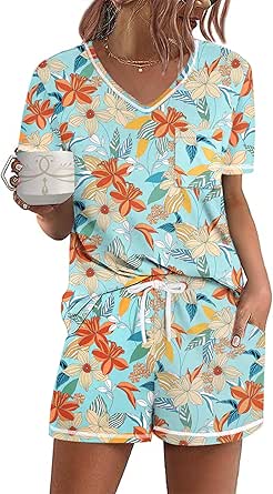 Ekouaer Women's Pajamas Sets Short Sleeve Lounge Sets Sleepwear Casual Two Piece Pjs With Pockets